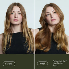 Before and after Perfect hair Day Heat Styling Spray turning flat long brunette hair into a smooth bouncy blowout