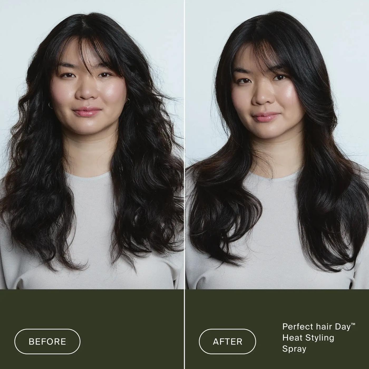 Before and after Perfect hair Day Heat Styling Spray smoothing frizzy wavy black hair with bangs