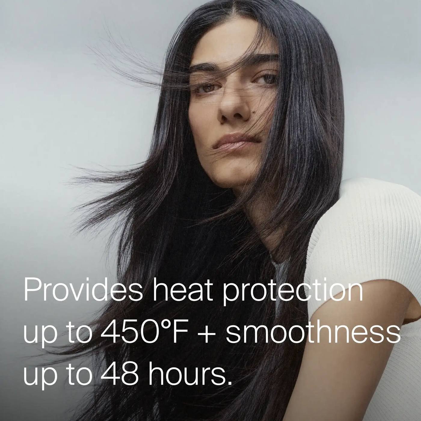 Woman with sleek long black hair showing heat protection up to 450F and smoothness up to 48 hours