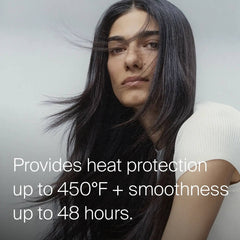 Woman with sleek long black hair showing heat protection up to 450F and smoothness up to 48 hours