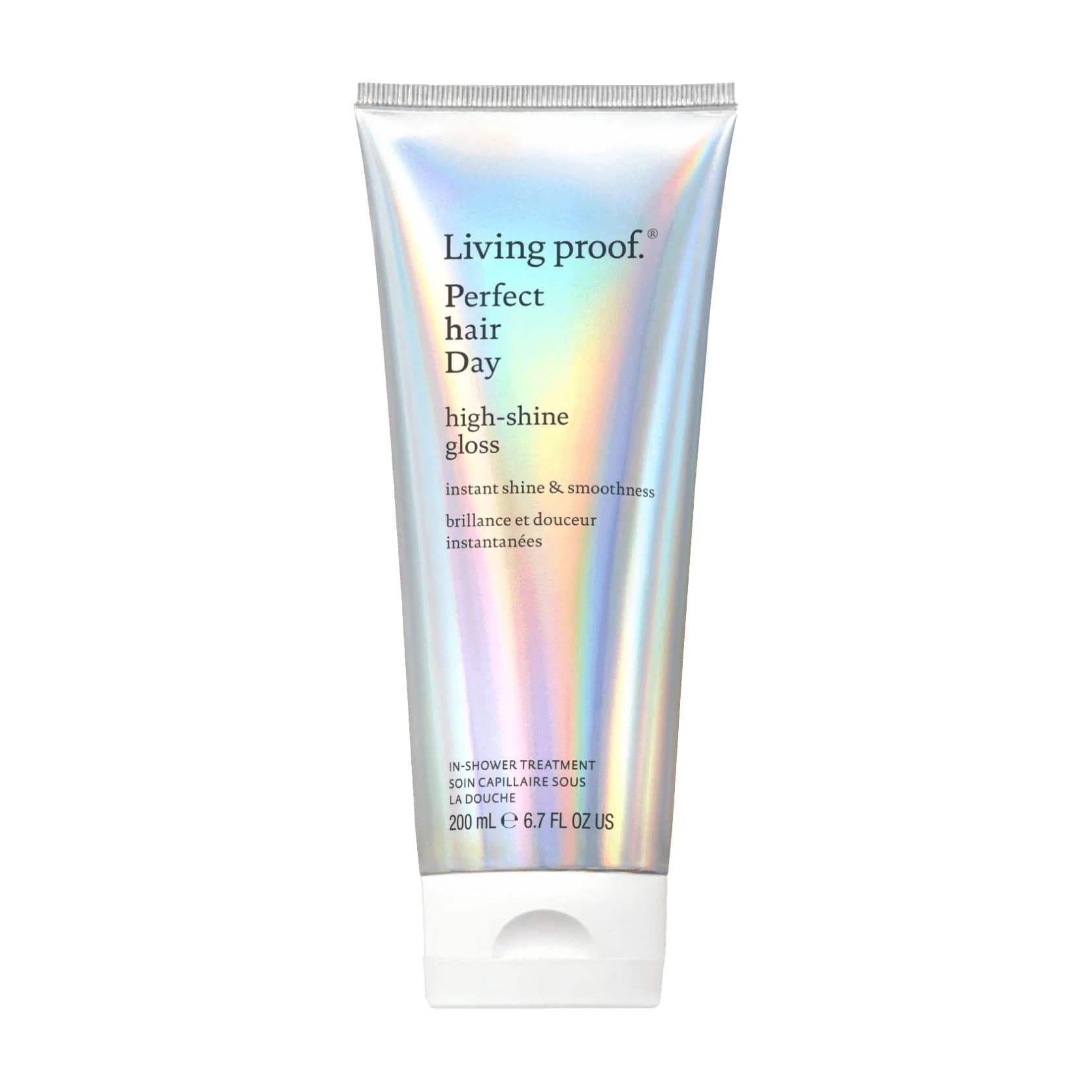 Living Proof Perfect hair Day High-Shine Gloss 6.7 oz holographic tube in-shower treatment on white