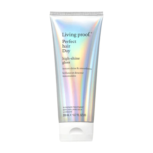 Living Proof Perfect hair Day High-Shine Gloss 6.7 oz holographic tube in-shower treatment on white