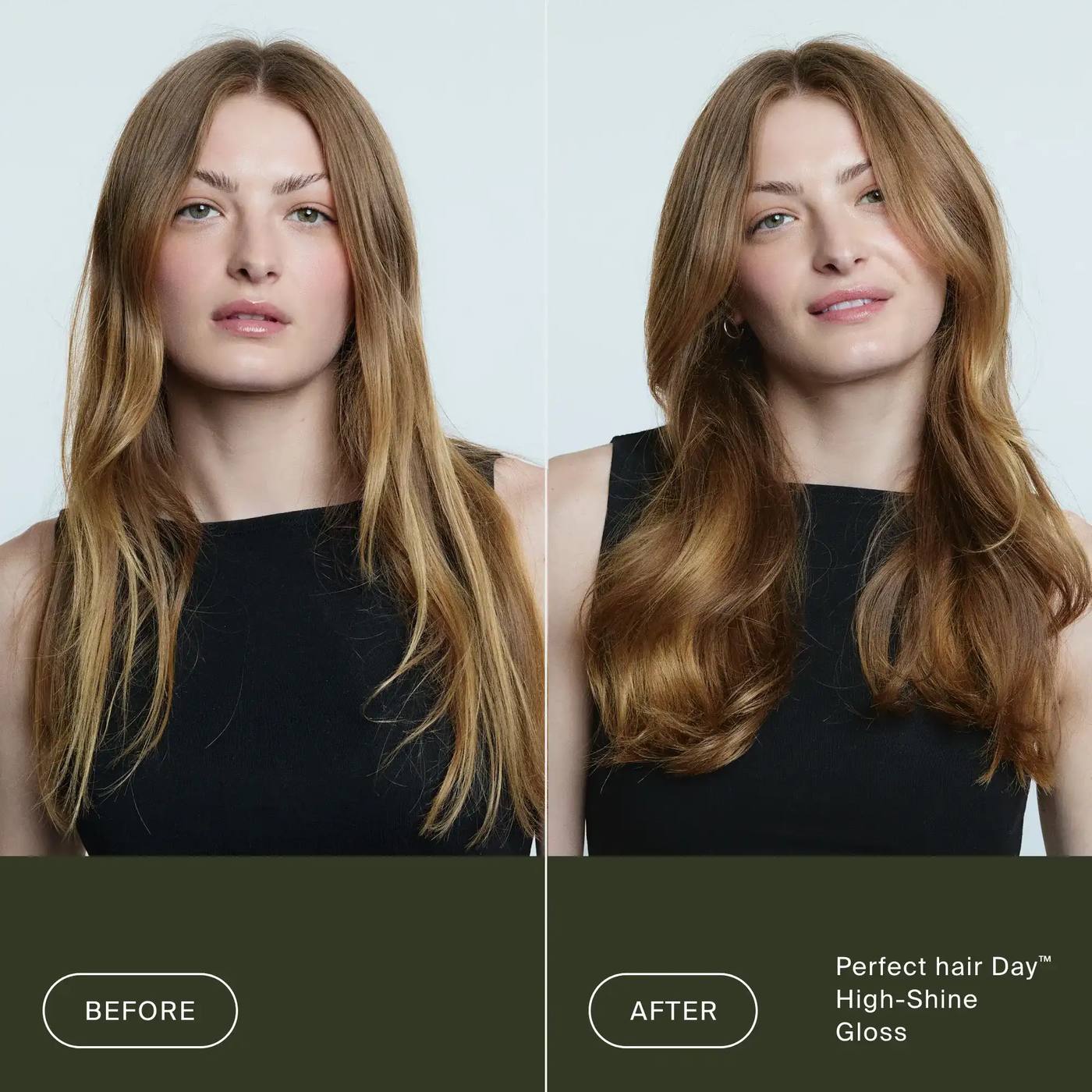 Before and after Perfect hair Day High-Shine Gloss turning dull long brunette hair into a shiny smooth blowout