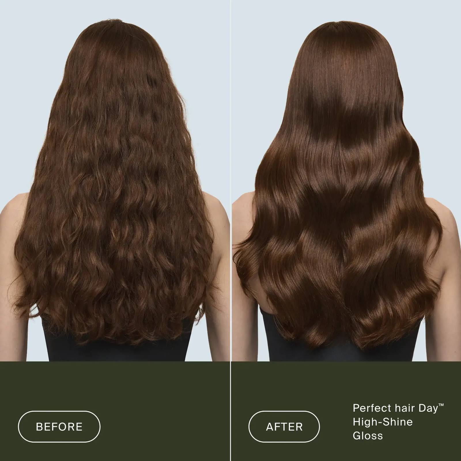 Back view before and after High-Shine Gloss turning frizzy wavy brown hair into glossy defined waves