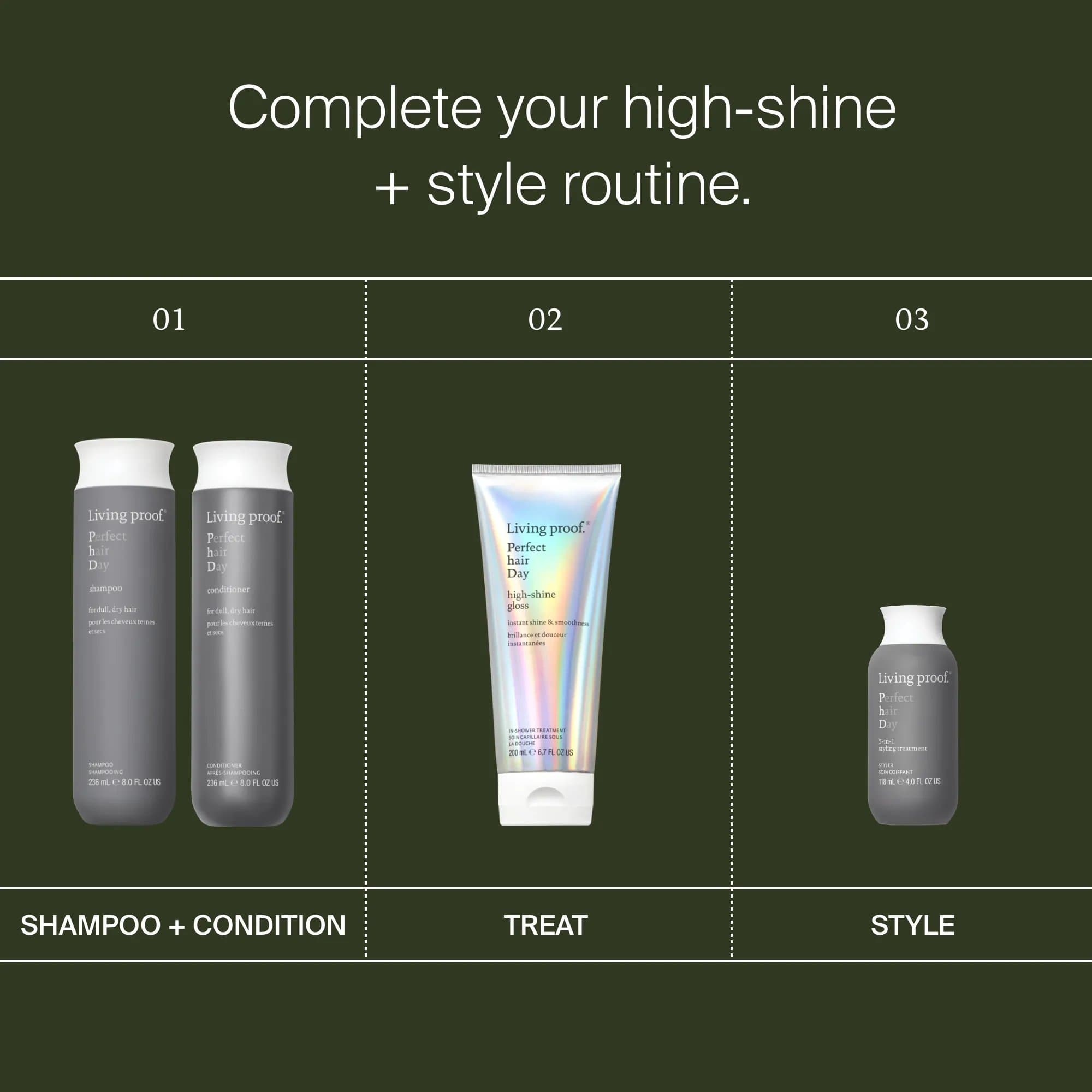 Perfect hair Day high-shine routine with Shampoo Conditioner High-Shine Gloss and 5-in-1 Styling Treatment