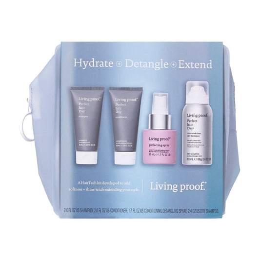 Living Proof Perfect hair Day travel kit with shampoo conditioner Restore Perfecting Spray and dry shampoo in a blue zip bag