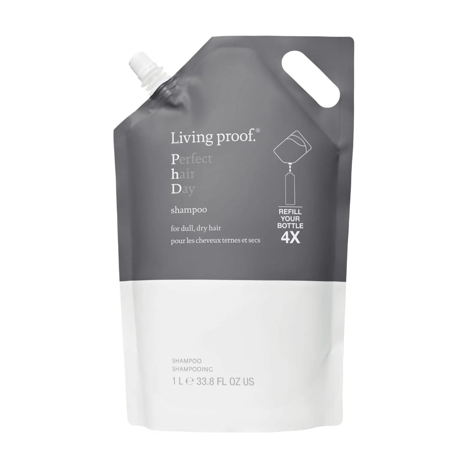 Living Proof Perfect hair Day Shampoo 1 liter refill pouch that refills your bottle 4 times on white