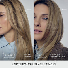 Before and after Style Refresh Mist erasing hair tie creases from straight blonde hair without washing