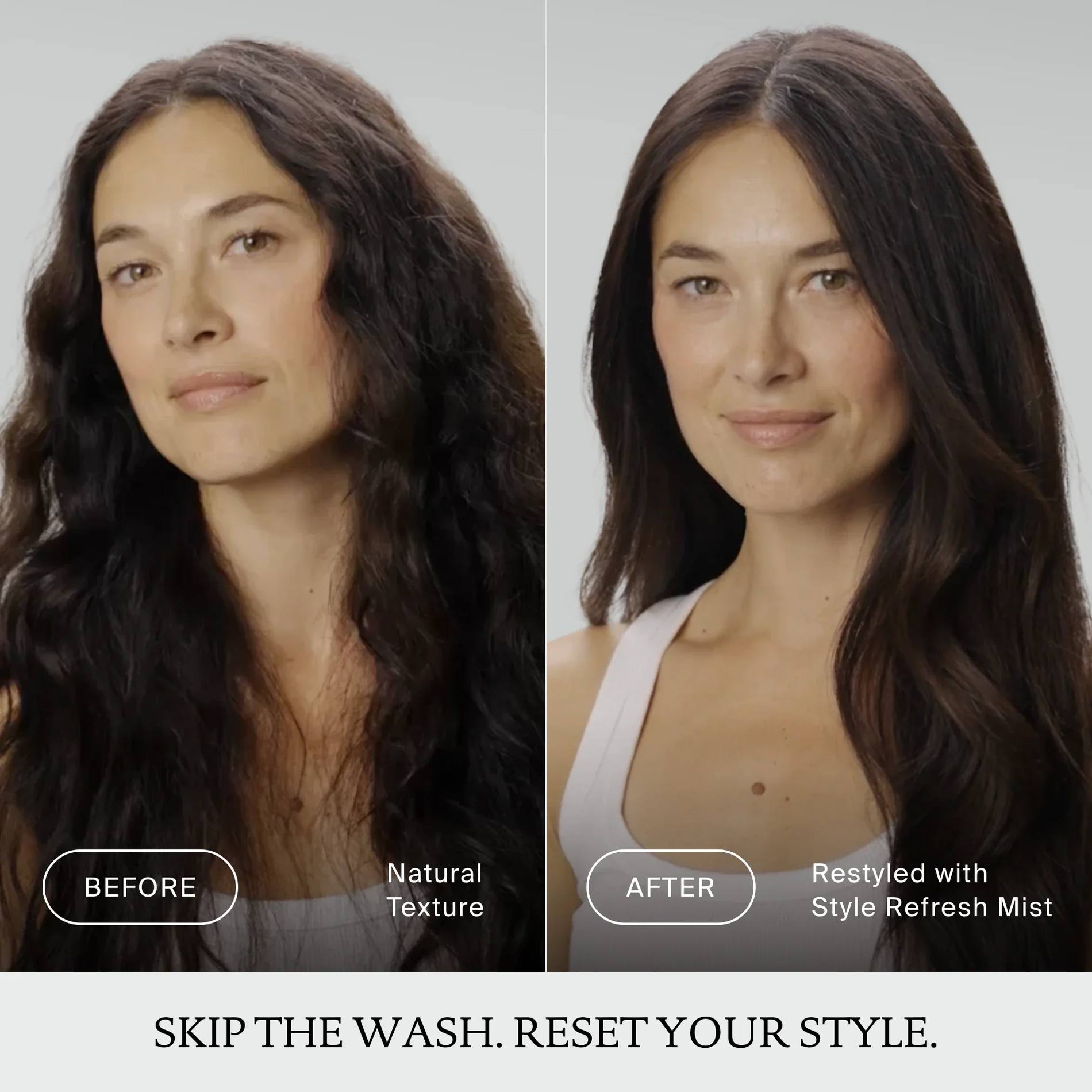Before and after Style Refresh Mist turning natural wavy texture into a smooth restyled blowout without washing