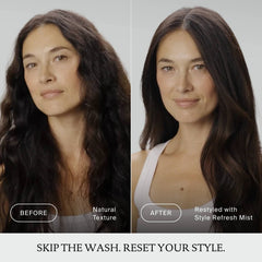 Before and after Style Refresh Mist turning natural wavy texture into a smooth restyled blowout without washing