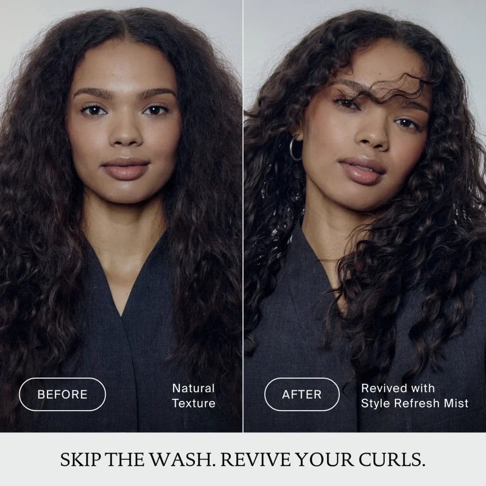 Before and after Style Refresh Mist reviving frizzy natural curls into defined curls without washing