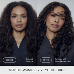 Before and after Style Refresh Mist reviving frizzy natural curls into defined curls without washing