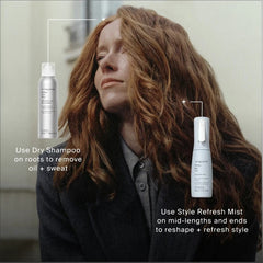 Woman with long red waves using Dry Shampoo on roots and Style Refresh Mist on mid-lengths and ends