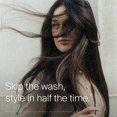 Woman with long dark hair showing Style Refresh Mist lets you skip the wash and style in half the time
