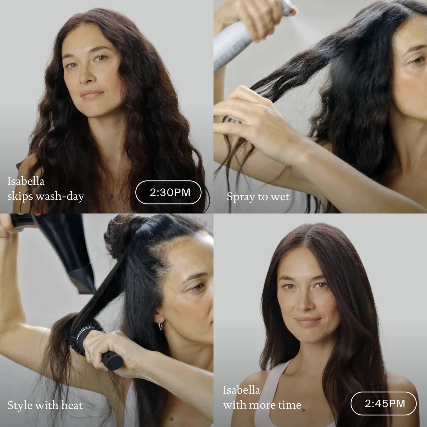 Four-step sequence showing Style Refresh Mist sprayed to wet and blow-dried for a fresh style in 15 minutes