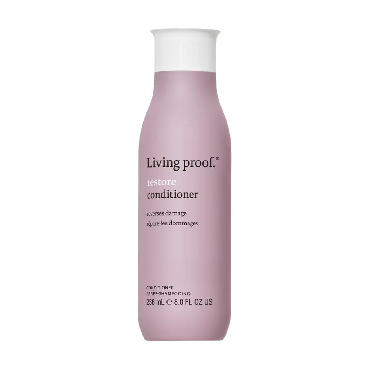 Living Proof Restore Conditioner 8 oz in rounded bottle that reverses damage for stronger smoother hair on white