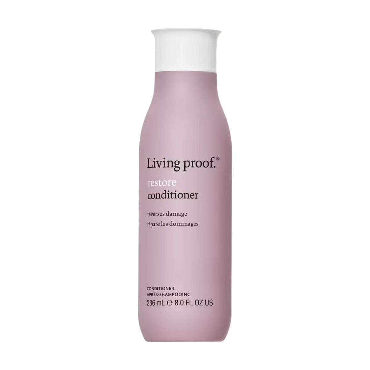 Living Proof Restore Conditioner 8 oz in rounded bottle that reverses damage for stronger smoother hair on white