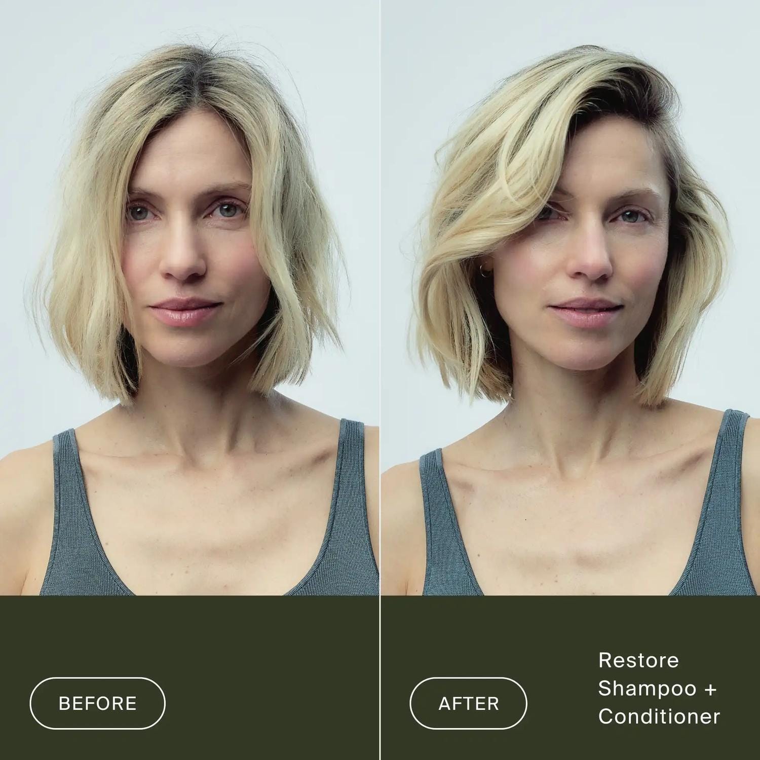 Before and after Restore Shampoo and Conditioner turning a dry frizzy blonde bob into a smooth glossy style