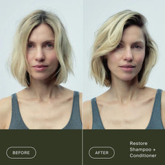 Before and after Restore Shampoo and Conditioner turning a dry frizzy blonde bob into a smooth glossy style
