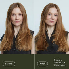 Before and after Restore Shampoo and Conditioner on long auburn hair for smoother healthier-looking lengths