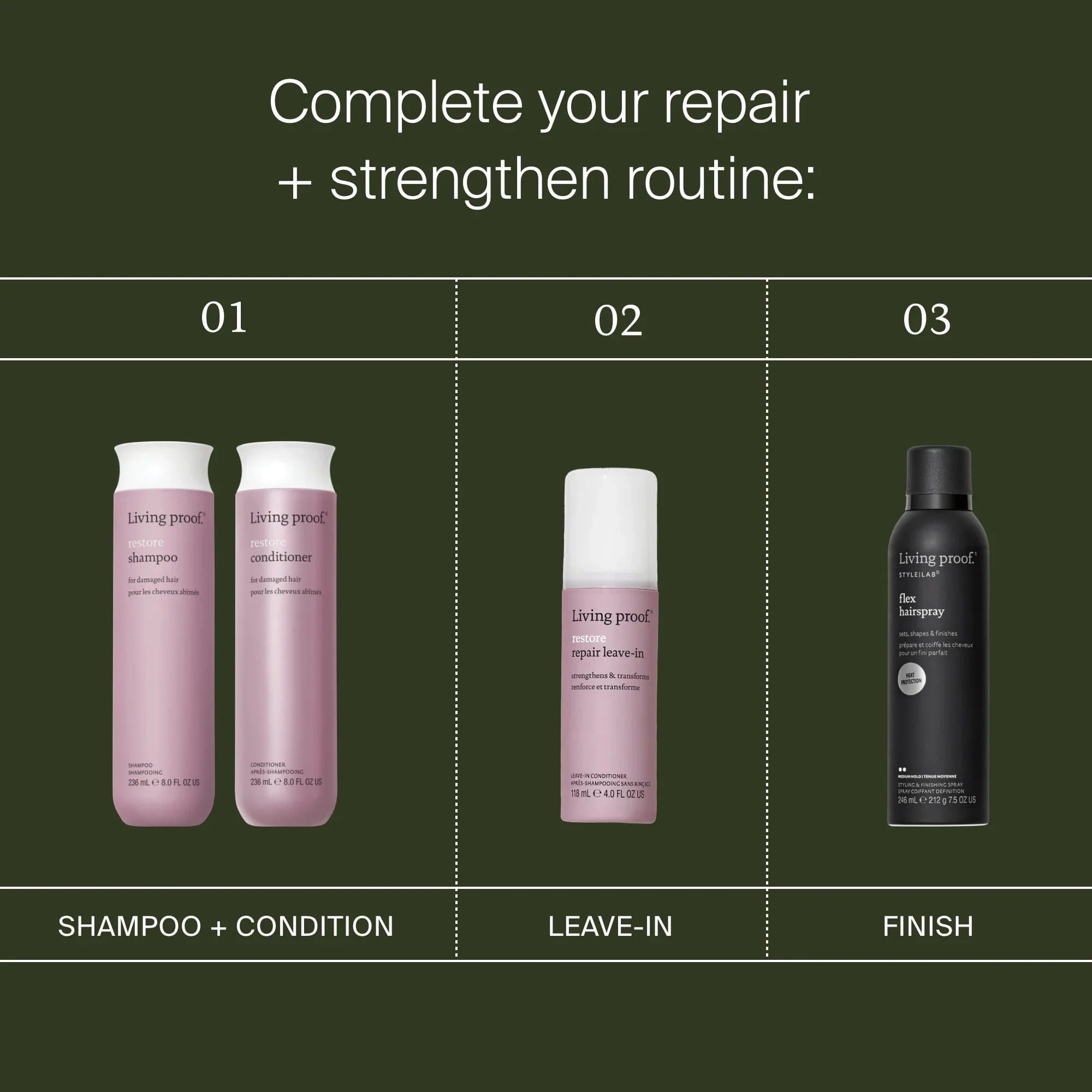 Living Proof repair routine with Restore Shampoo and Conditioner Repair Leave-In and Style Lab Flex Hairspray