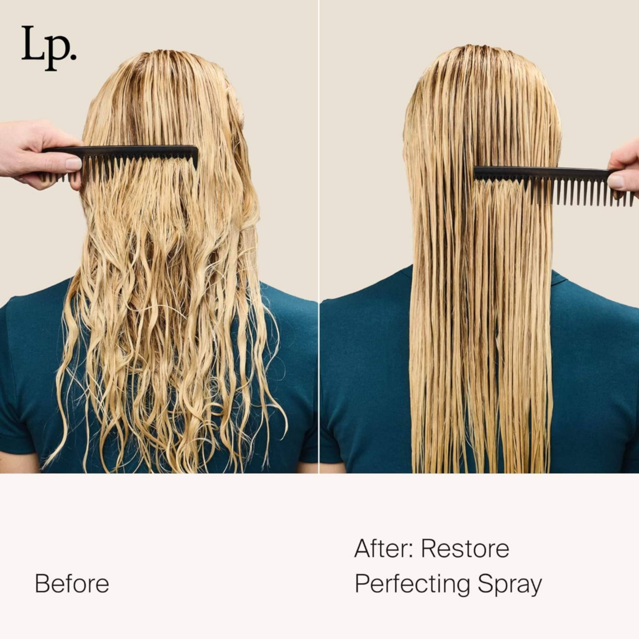 Wet blonde hair before and after Restore Perfecting Spray showing tangled waves combed smooth and detangled