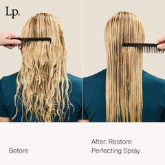 Wet blonde hair before and after Restore Perfecting Spray showing tangled waves combed smooth and detangled