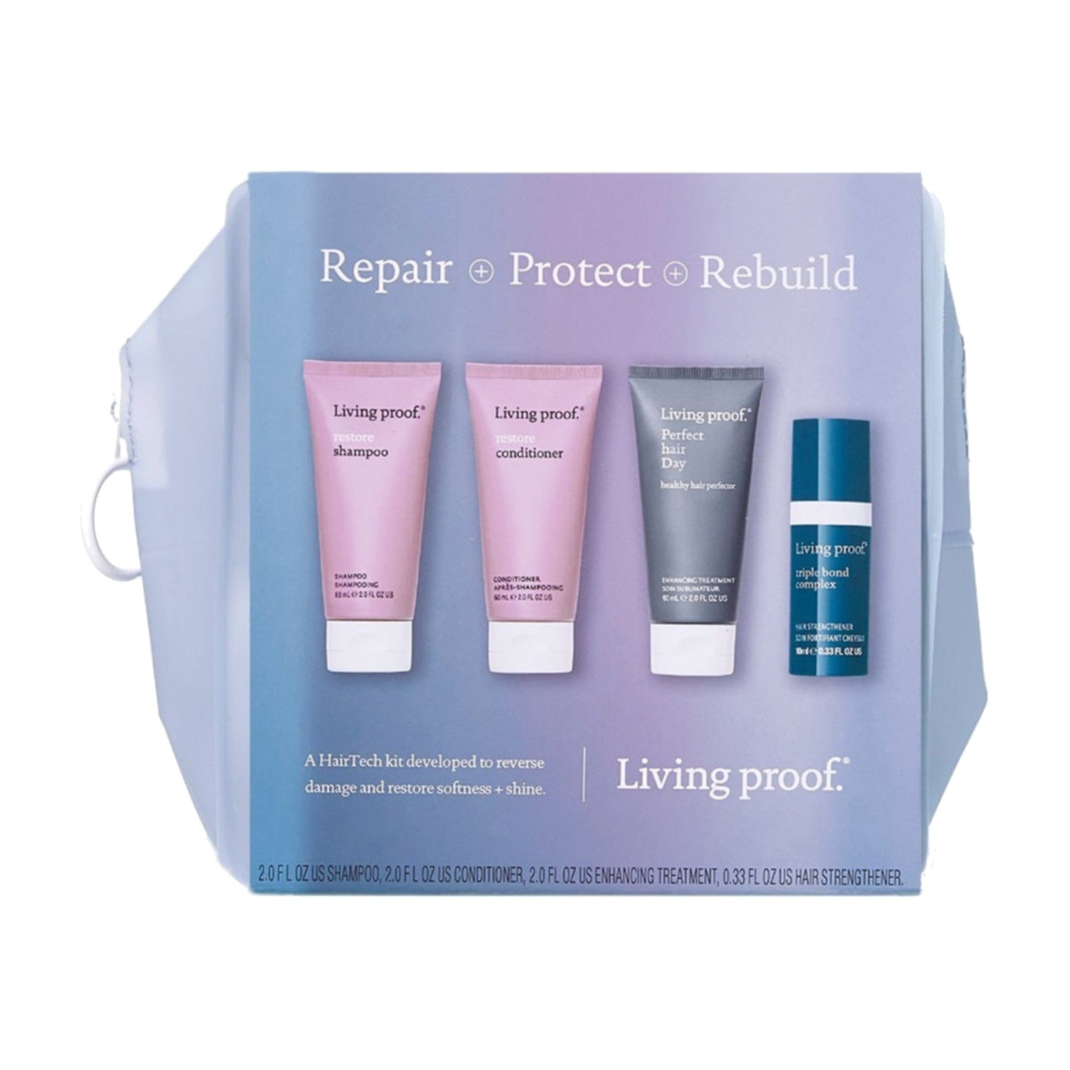 Living Proof Restore repair travel kit with shampoo conditioner Perfect hair Day perfector and Triple Bond Complex in zip bag