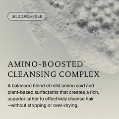 Rich lather showing the silicone-free Restore Shampoo amino-boosted cleansing complex that cleans without stripping