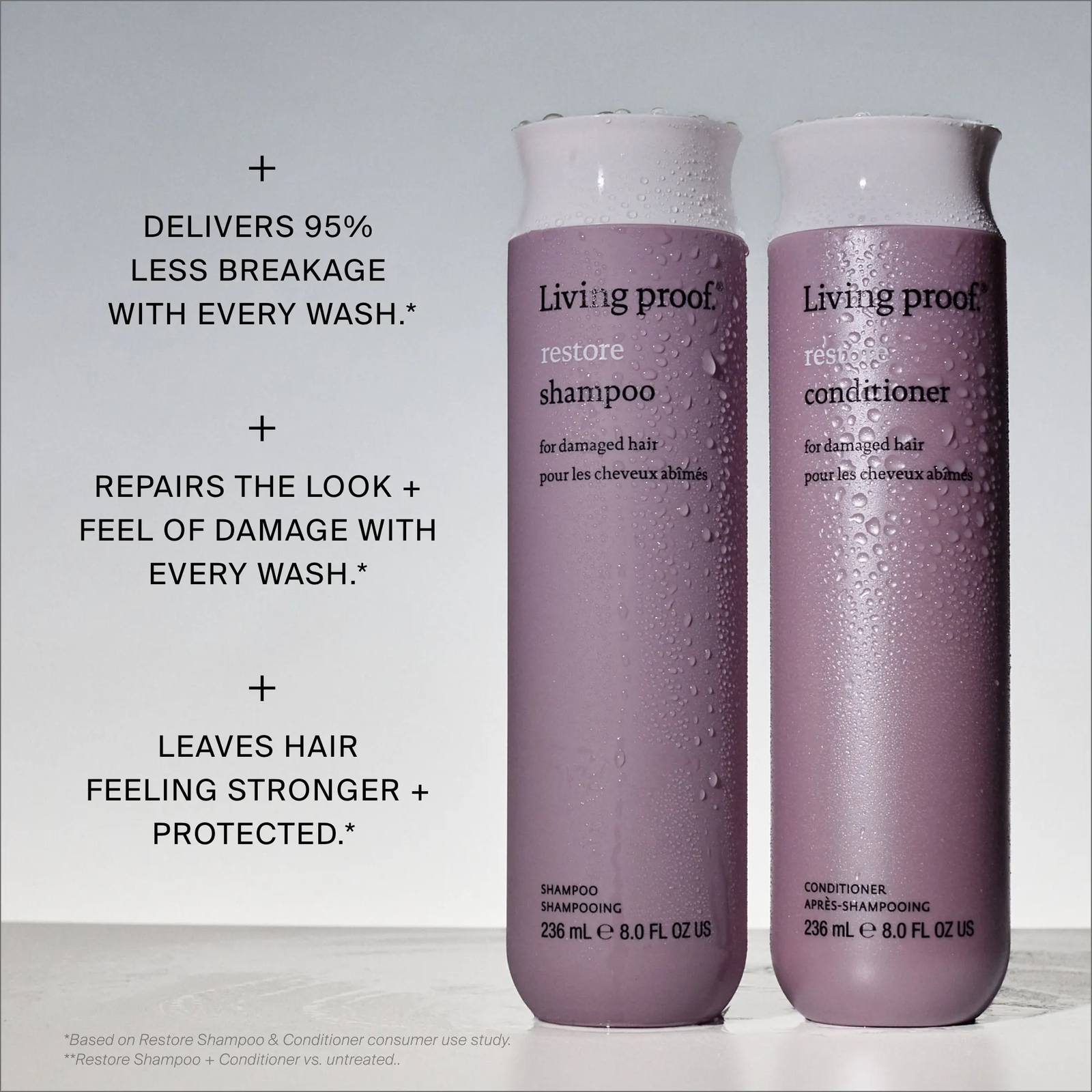 Wet Restore Shampoo and Conditioner bottles that repair the look and feel of damage for stronger protected hair