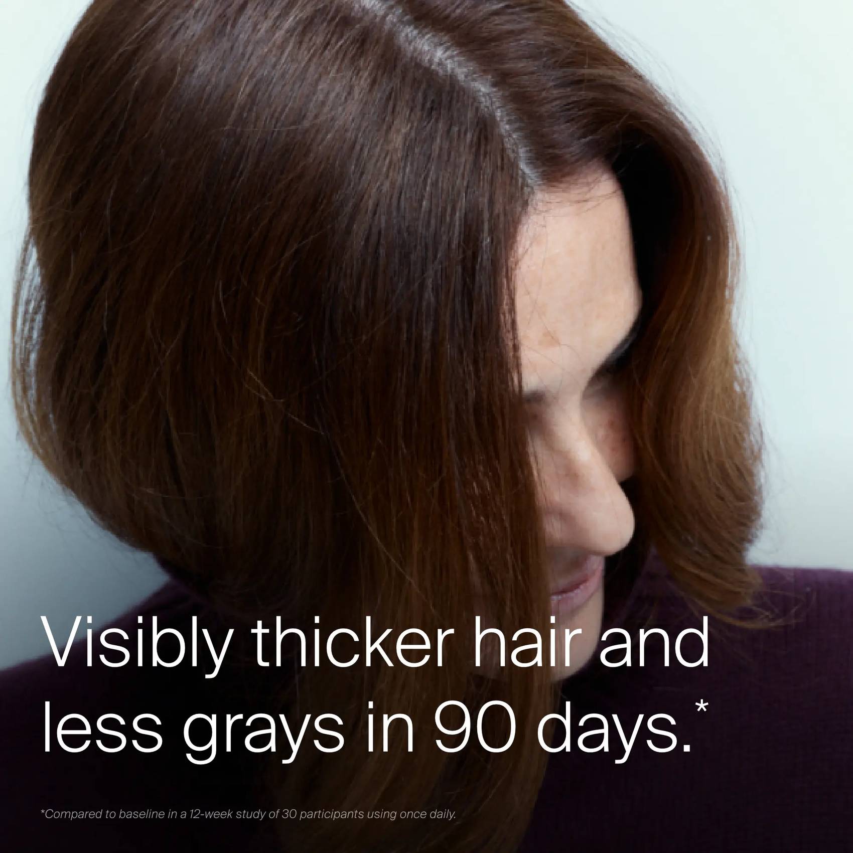 Woman with glossy brown hair showing Scalp Care Density Serum delivers visibly thicker hair and fewer grays in 90 days
