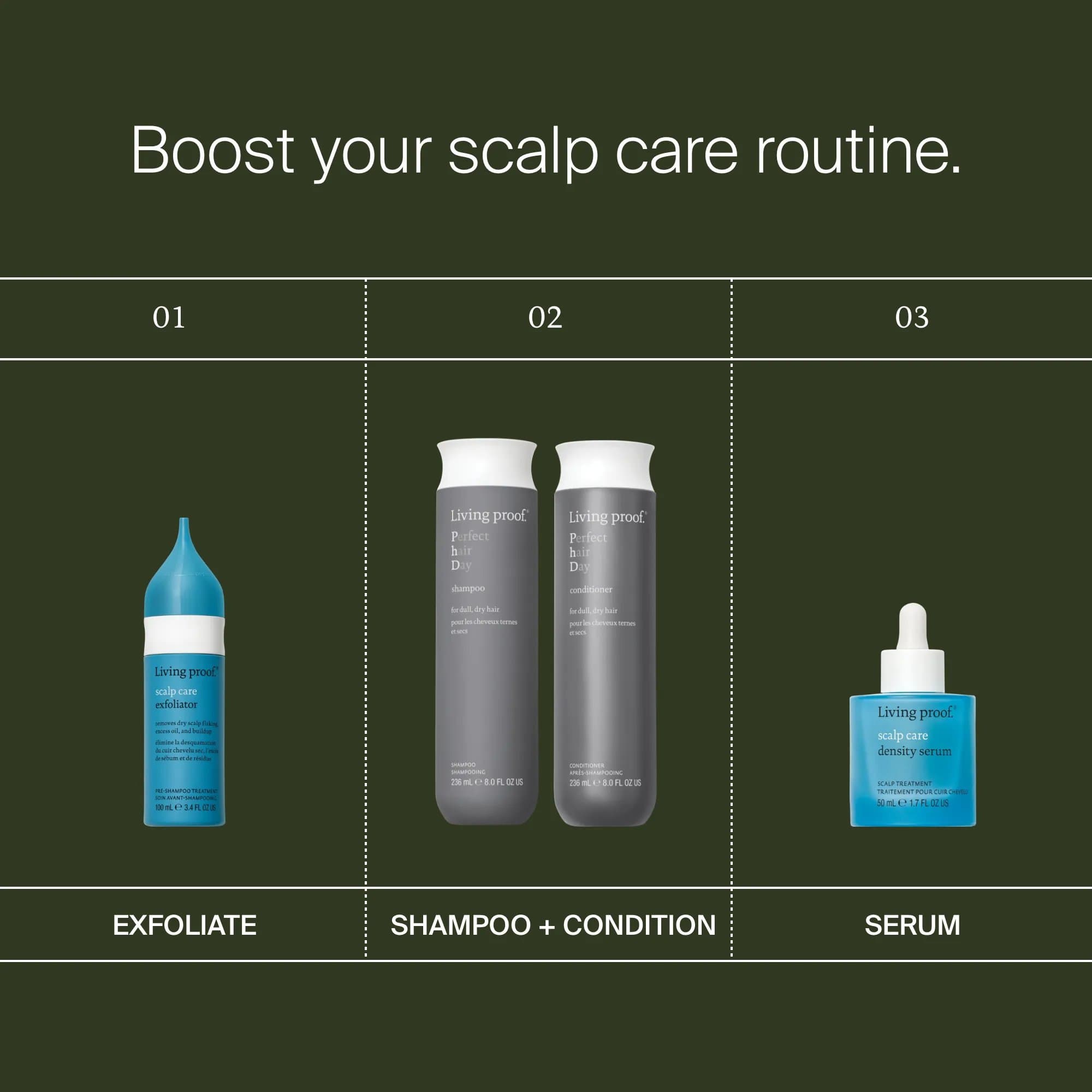 Living Proof scalp care routine with Scalp Care Exfoliator Perfect hair Day Shampoo and Conditioner and Density Serum