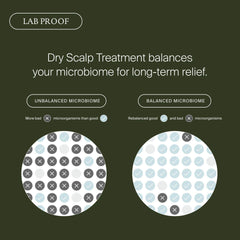 Lab proof diagram showing Dry Scalp Treatment rebalancing good and bad scalp microorganisms for long-term relief