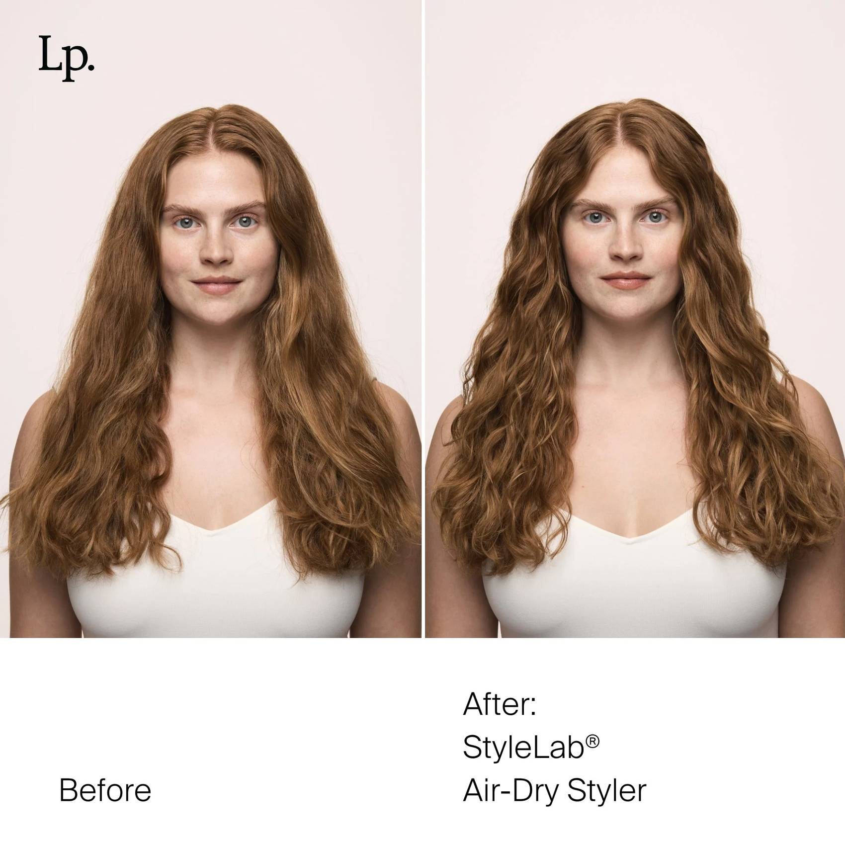 Before and after Style Lab Air-Dry Styler turning frizzy long red hair into soft defined air-dried waves