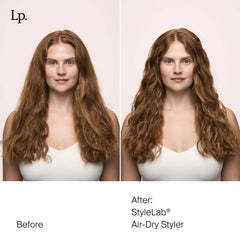 Before and after Style Lab Air-Dry Styler turning frizzy long red hair into soft defined air-dried waves