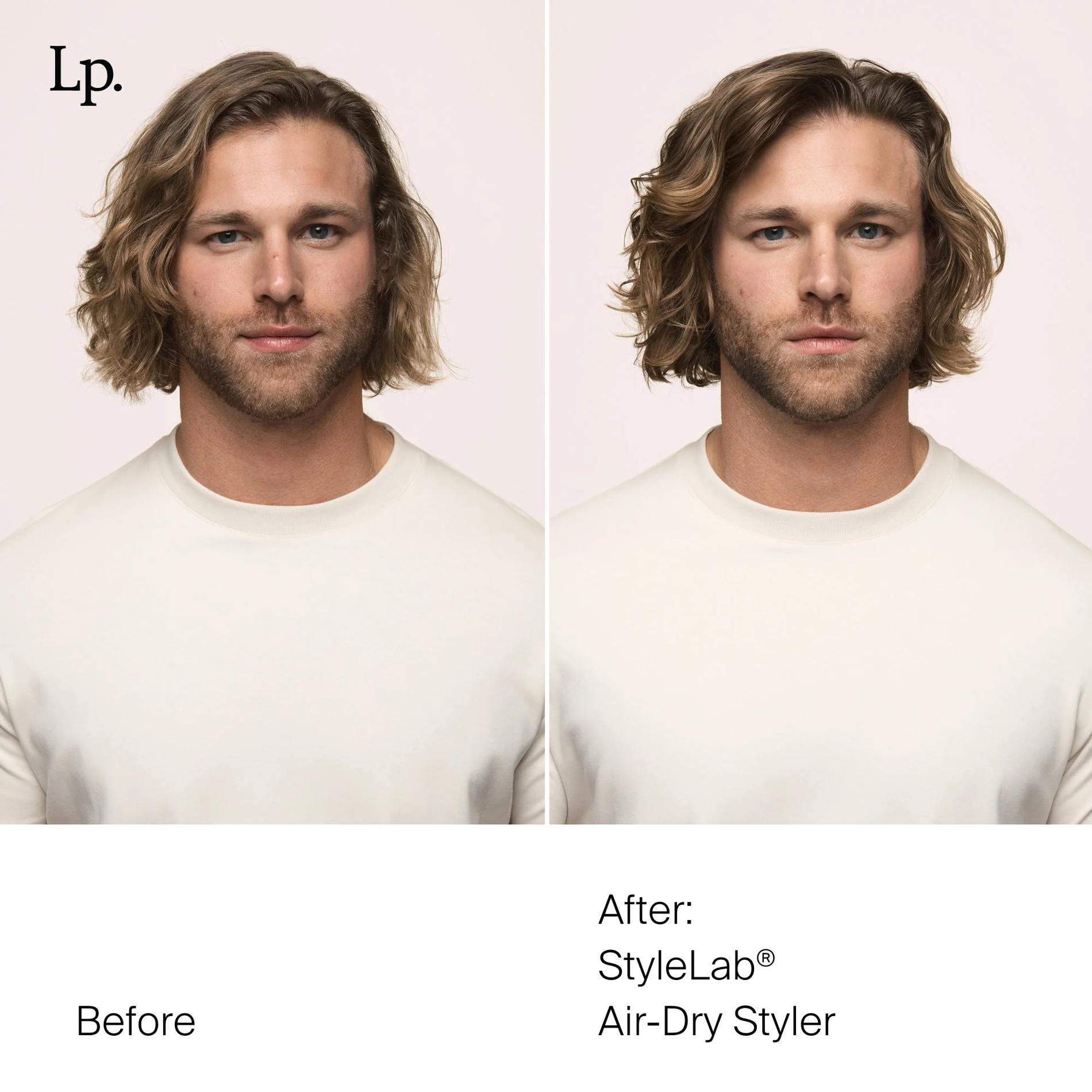 Before and after Air-Dry Styler on a man with shoulder-length wavy hair for smoother defined air-dried waves