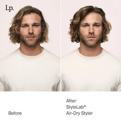 Before and after Air-Dry Styler on a man with shoulder-length wavy hair for smoother defined air-dried waves