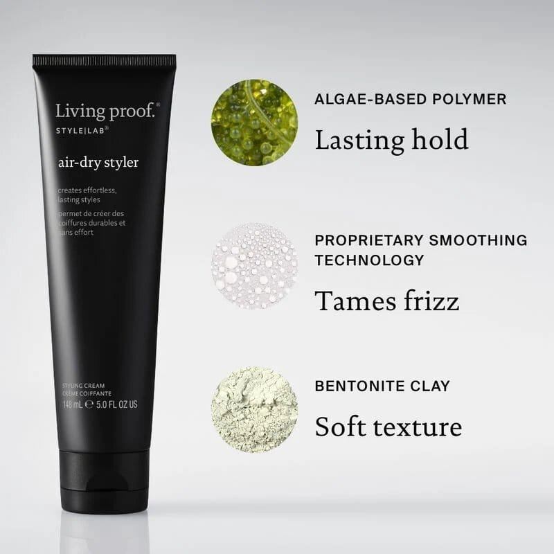 Air-Dry Styler ingredients with algae-based polymer for hold smoothing technology for frizz and bentonite clay