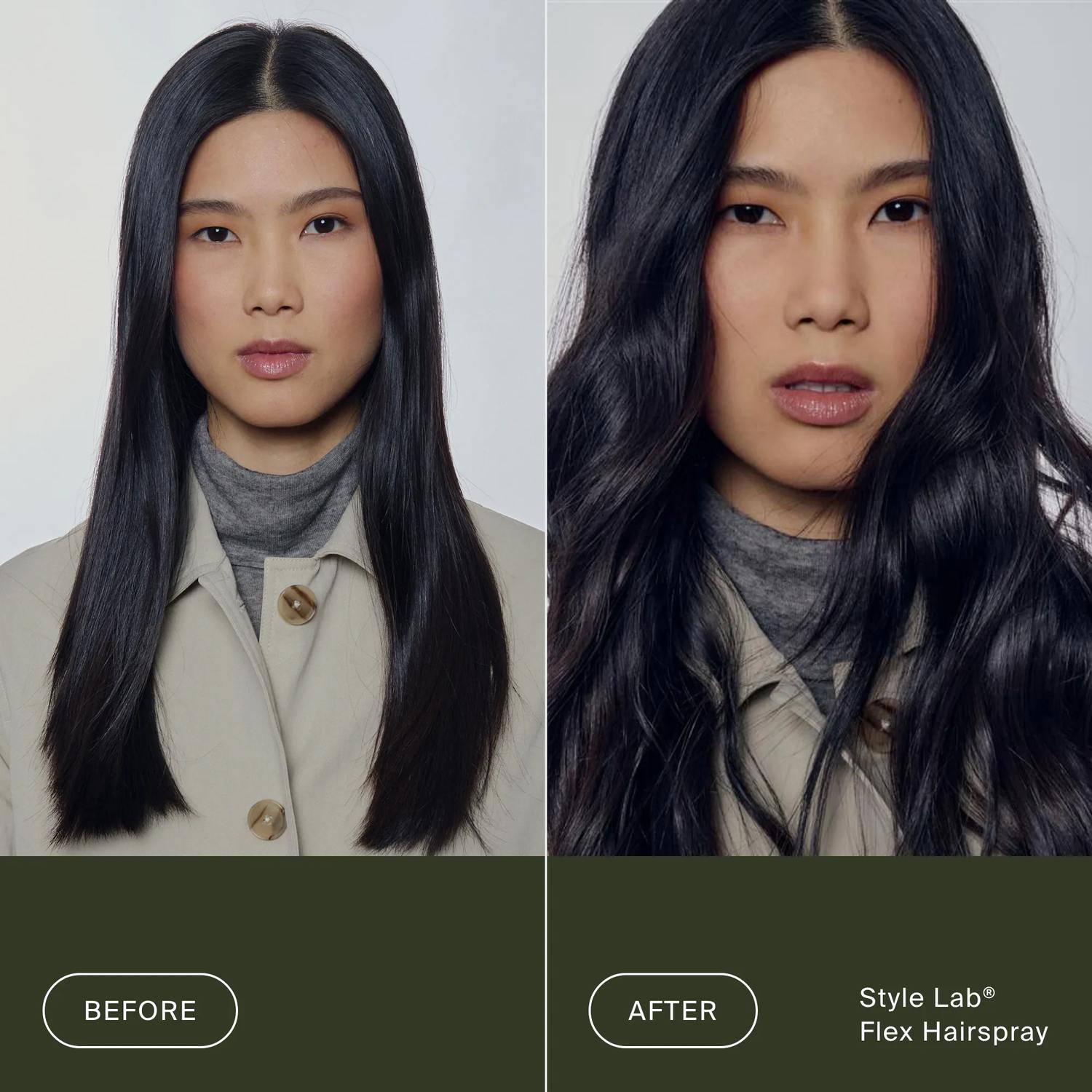 Before and after Style Lab Flex Hairspray turning straight black hair into full glossy waves with flexible hold