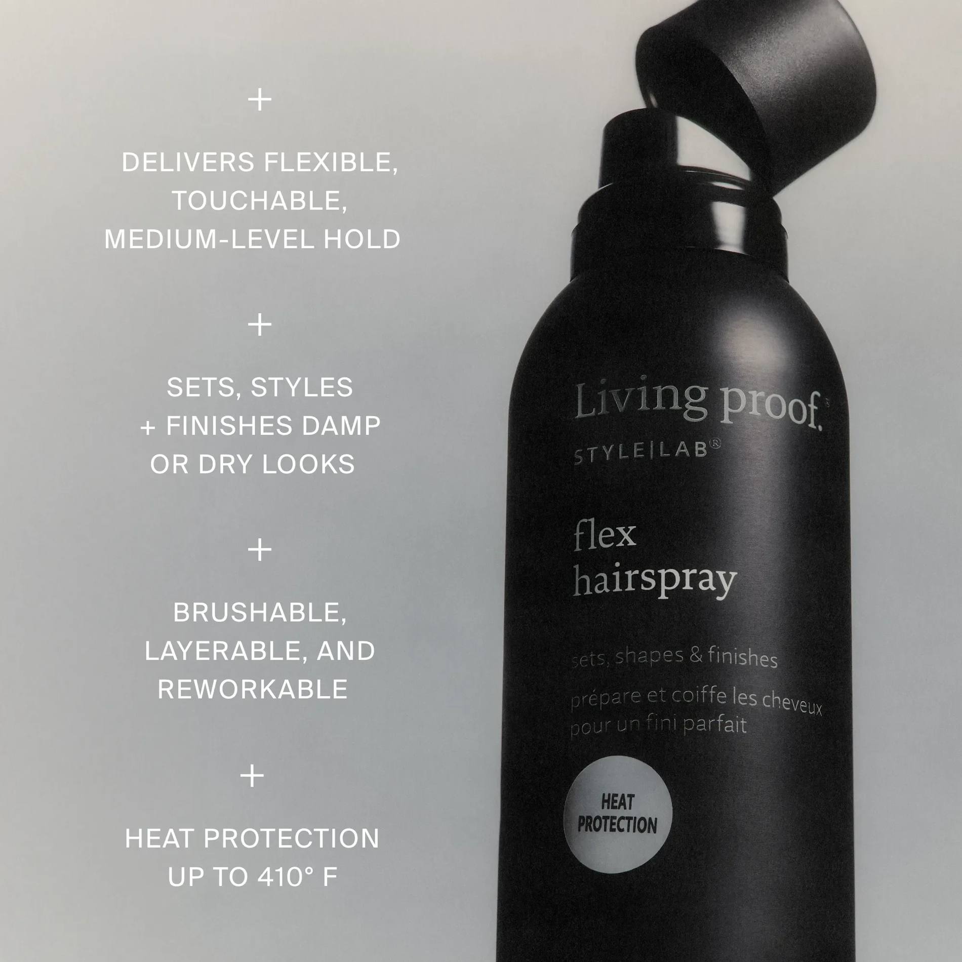 Flex Hairspray can with flexible touchable medium hold that is brushable reworkable and heat protects up to 410F