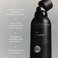 Flex Hairspray can with flexible touchable medium hold that is brushable reworkable and heat protects up to 410F