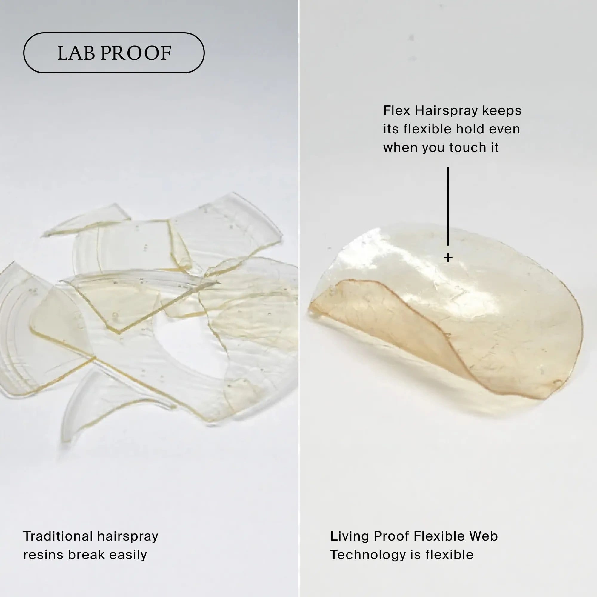 Lab proof showing traditional hairspray resin shattering while Flex Hairspray film stays flexible and touchable