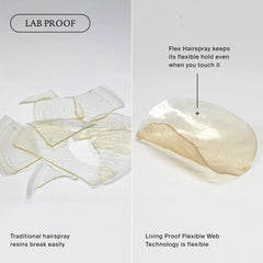 Lab proof showing traditional hairspray resin shattering while Flex Hairspray film stays flexible and touchable
