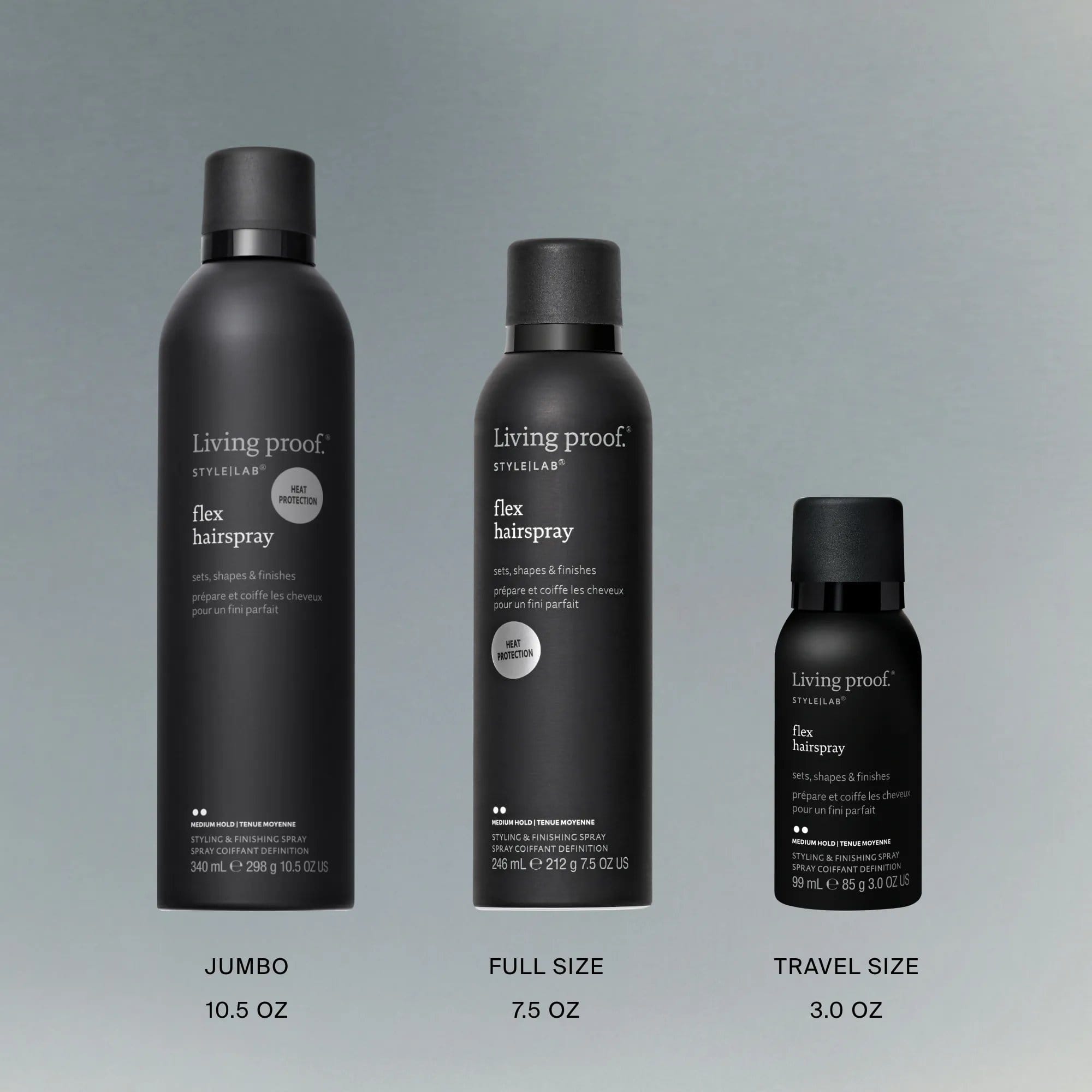 Living Proof Flex Hairspray sizes in 3 oz travel 7.5 oz full size and 10.5 oz jumbo cans