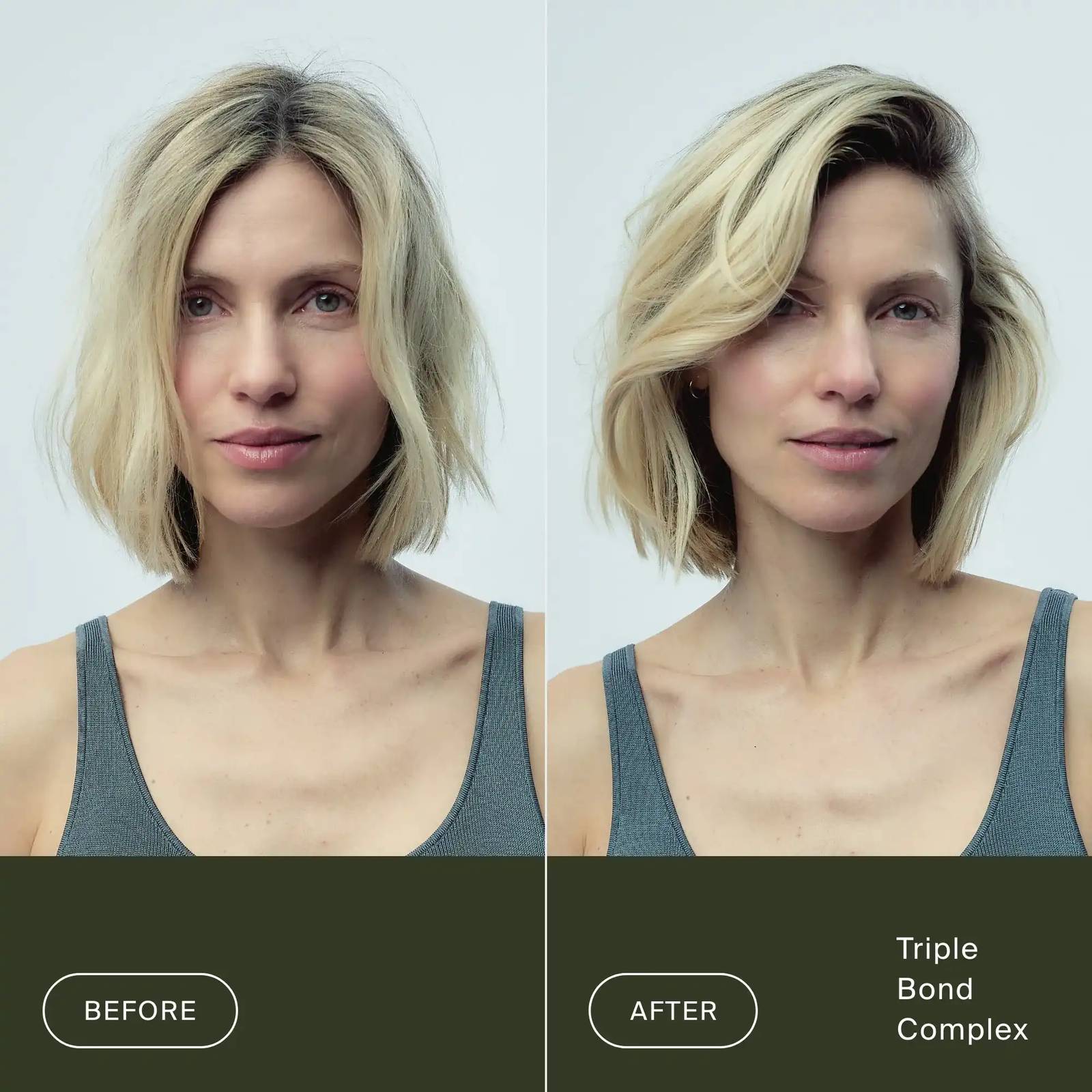 Before and after Living Proof Triple Bond Complex on damaged blonde bob hair for smoother stronger strands