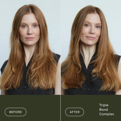 Before and after Living Proof Triple Bond Complex leaving long auburn hair smoother and shinier