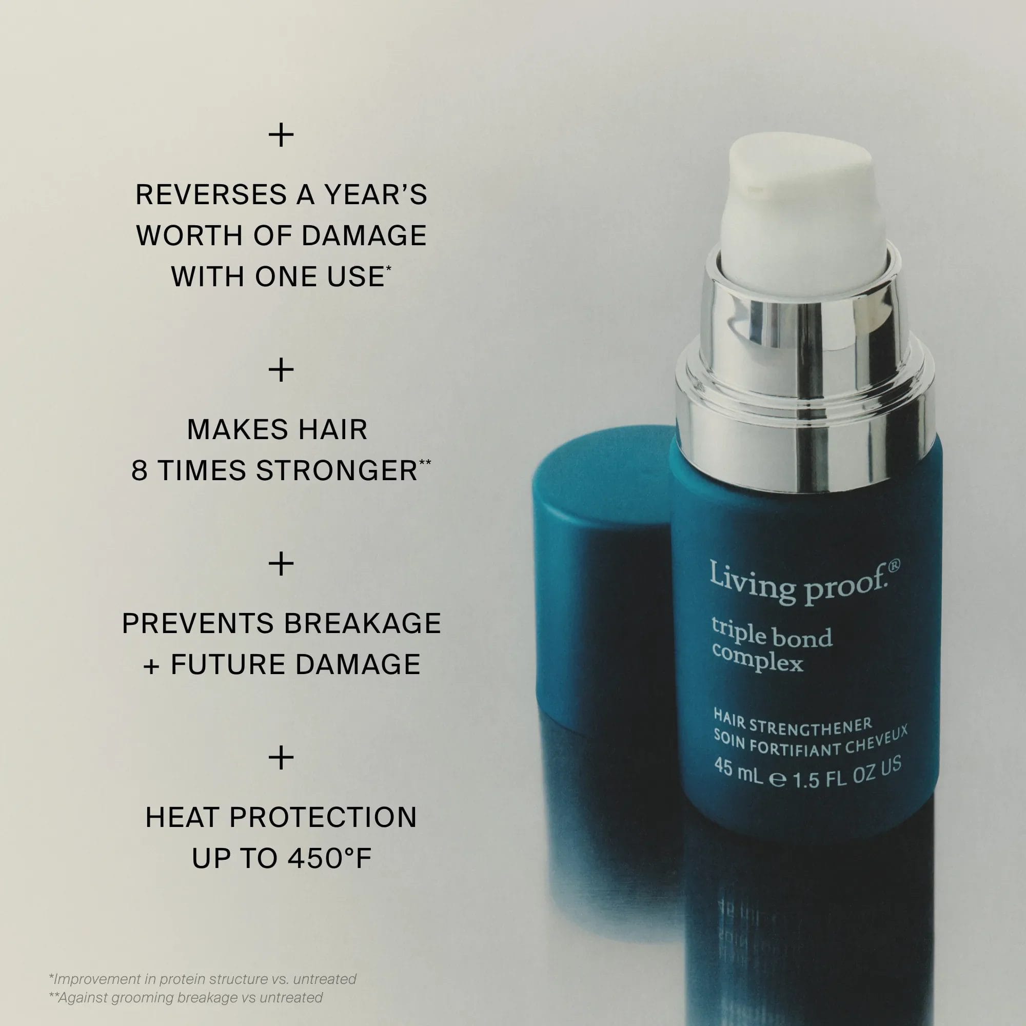 Living Proof Triple Bond Complex benefits making hair 8 times stronger with heat protection up to 450F
