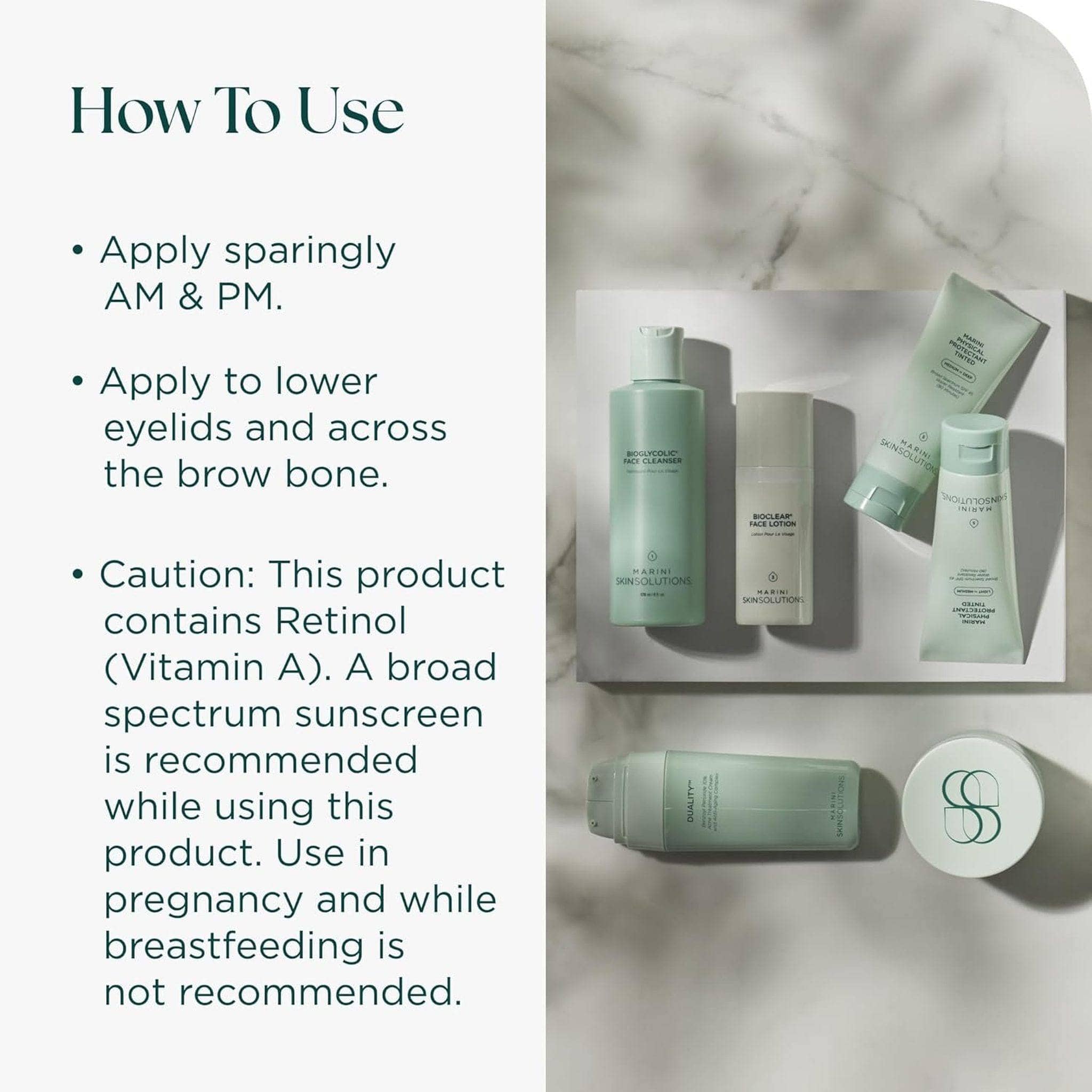How to use Marini Skinsolutions Age Intervention Eye Cream apply AM and PM to lower eyelids and brow bone