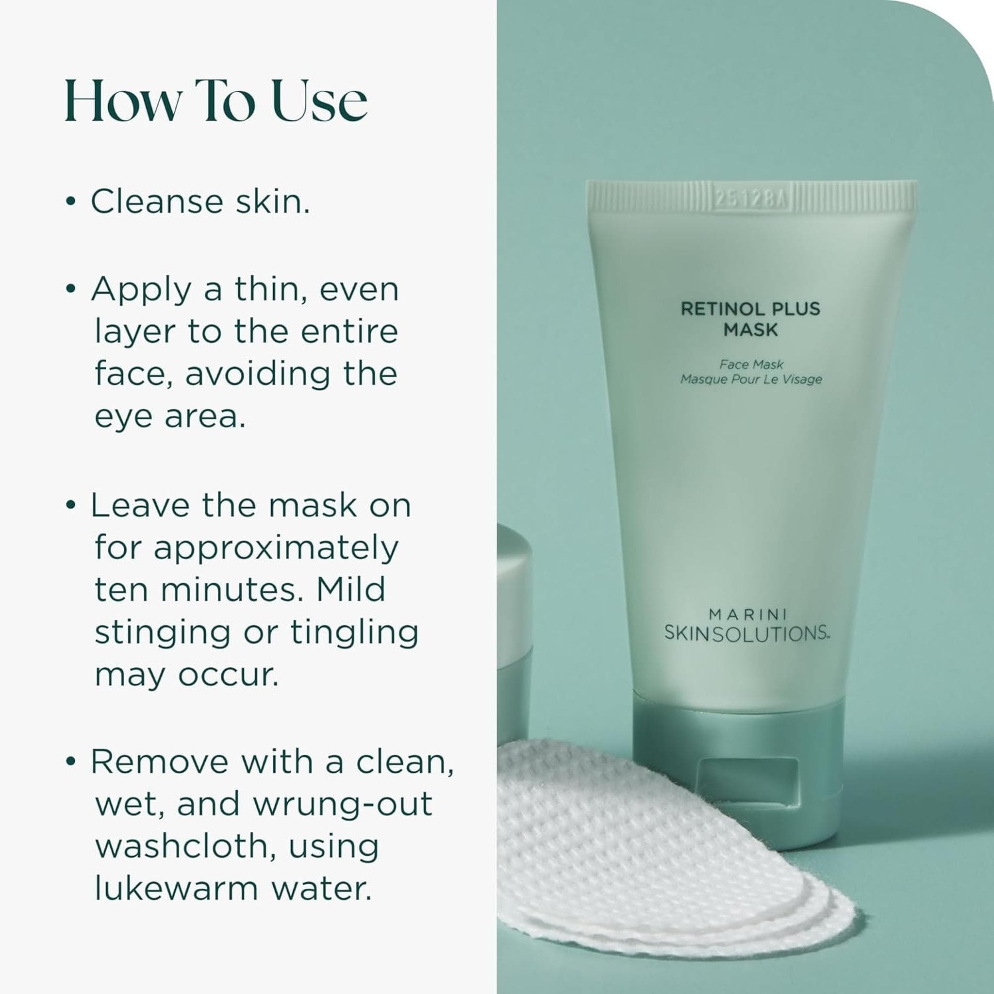 How to use Marini Skinsolutions Retinol Plus Mask apply thin layer leave 10 minutes remove with washcloth