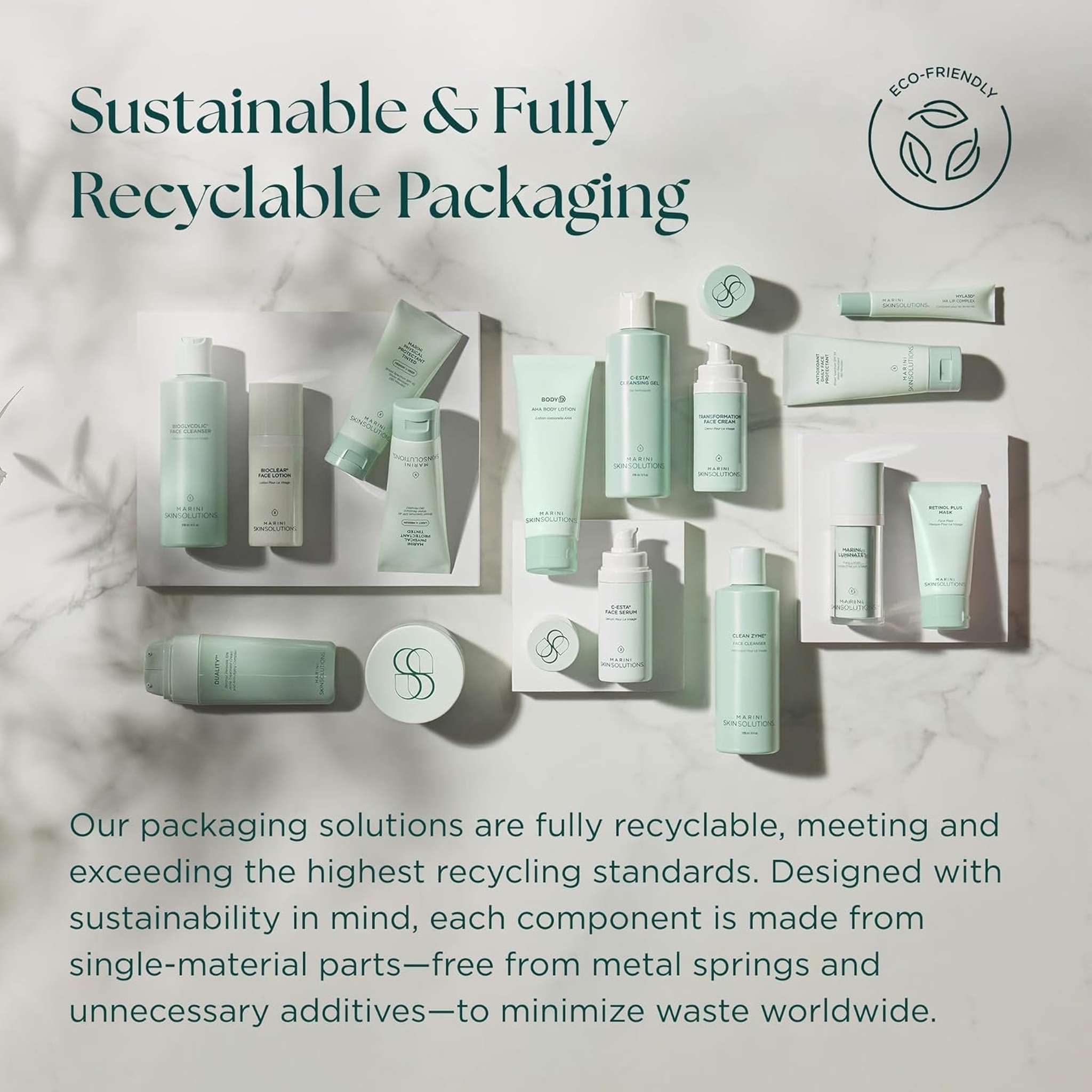 Marini Skinsolutions full skincare line in sustainable fully recyclable eco-friendly packaging